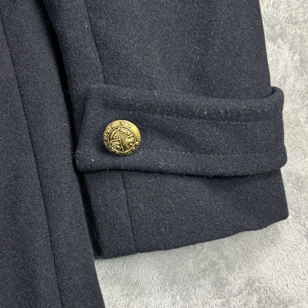 Vintage Wool Long Overcoat 14P Black Double Breasted Gold Buttons Quiet Luxury